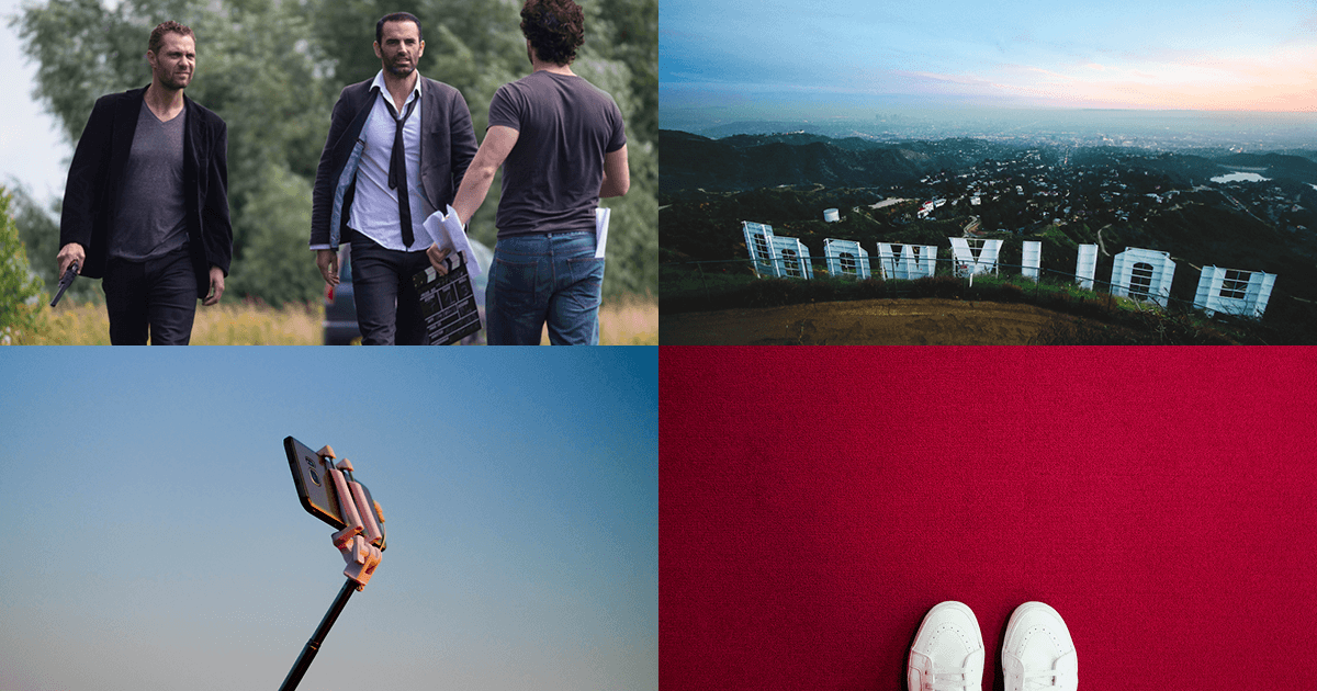 4 images - talent, Hollywood sign, selfie stick and feet on red carpet.