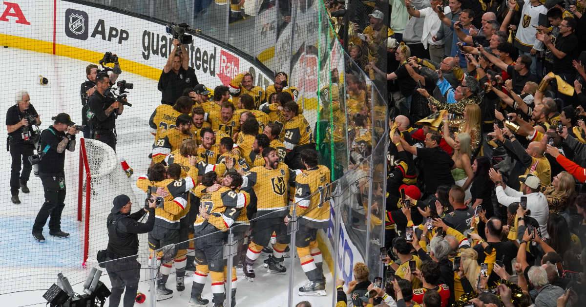 NHL uses AI for digital media access, for 2023 NHL Stanley Cup Finals image of winning team Vegas Golden Knights, photographers and fans.